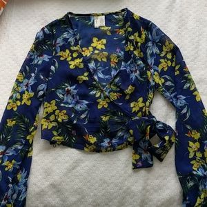Blue Floral Wrap Crop Top - S